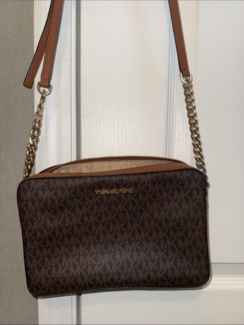 Michael Kors Brown and Tan Monogram Chain Strap Crossbody